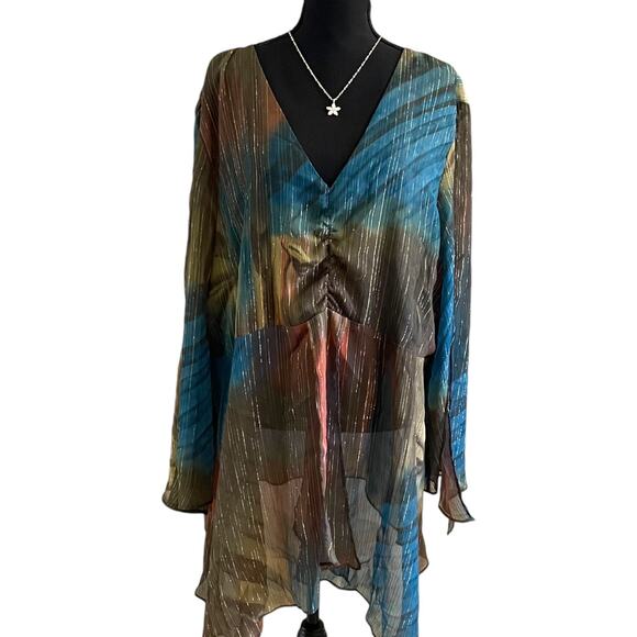 Lane Bryant Women's Earth Tones V Neck Semi Sheer Detail 3/4 Slit Sleeve Top - Picture 1 of 10
